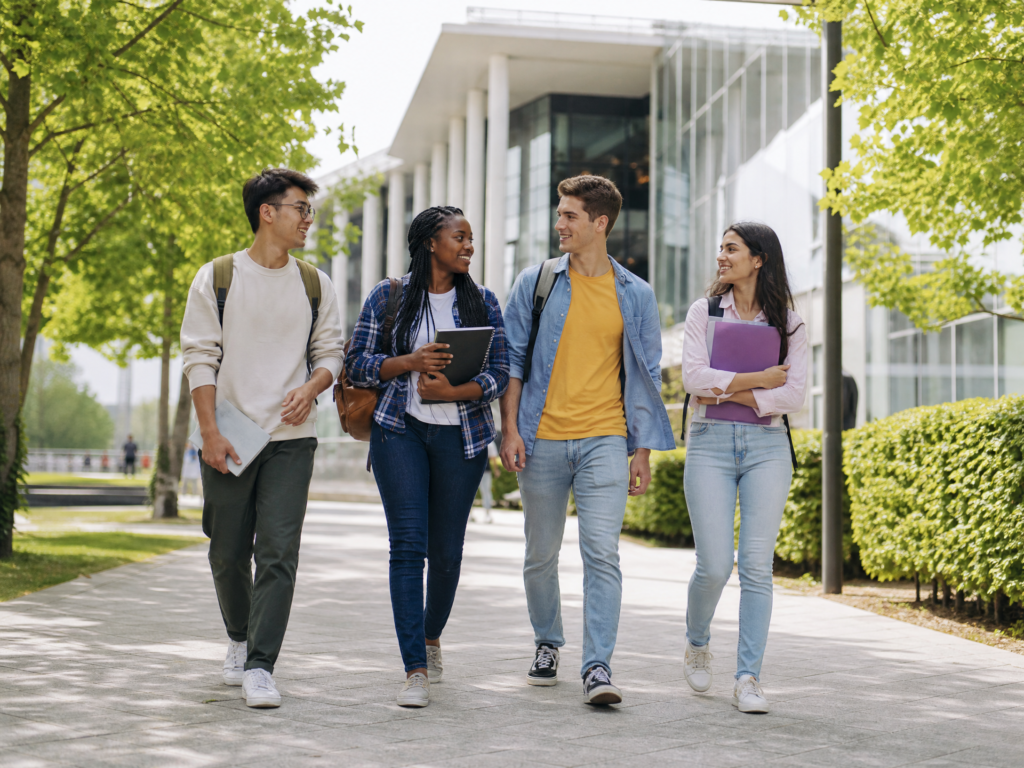 International student walking through a modern university campus