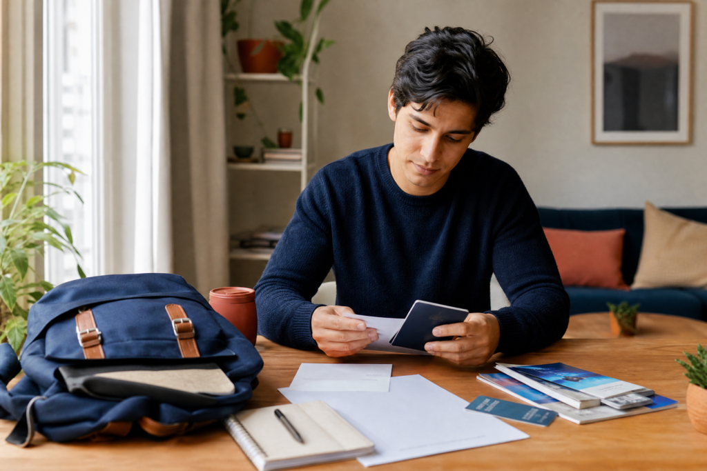 International student preparing study-abroad documents with backpack and passport